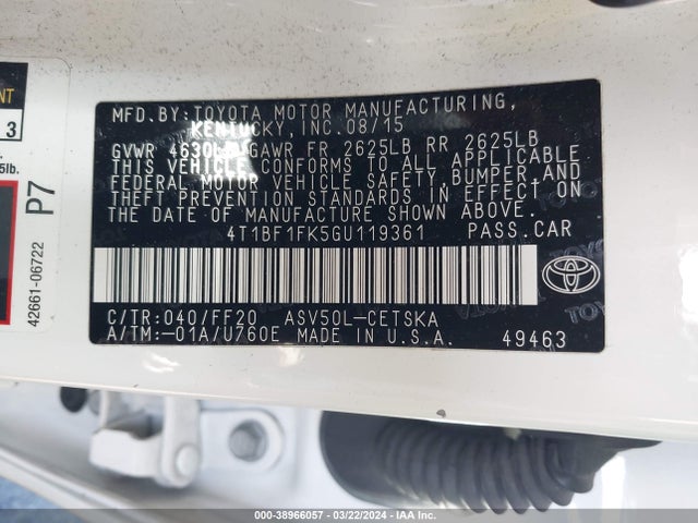 Toyota CAMRY SE 2016 4T1BF1FK5GU119361 Image 9