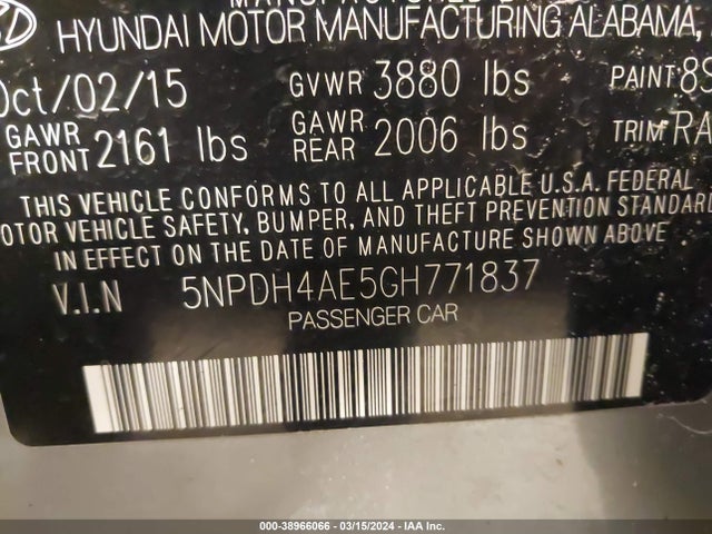Hyundai ELANTRA SE 2016 5NPDH4AE5GH771837 Image 9