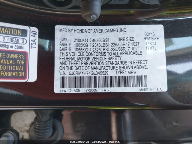 Honda Cr-v Ex-l 2016 5J6RM4H74GL045529 Image 9
