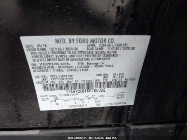 1FAHP2E81KG100326 Ford TAURUS SEL