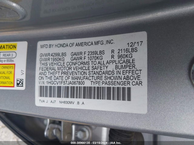 Honda Accord Ex-l 2018 1HGCV1F57JA067800 Image 9