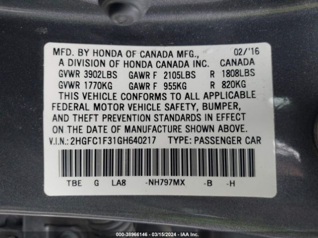 2HGFC1F31GH640217 Honda Civic Ex-t