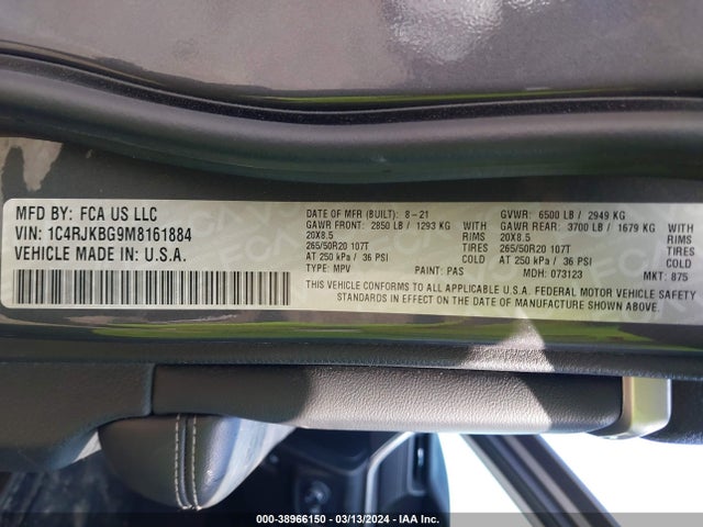 1C4RJKBG9M8161884 Jeep Grand Cherokee L Limited 4x4