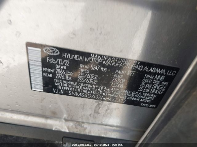 5NMS6DAJ3NH432322 Hyundai Santa Fe Xrt
