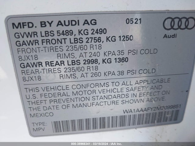 WA1AAAFY2M2099851 Audi Q5 Premium 45 Tfsi Quattro S Tronic
