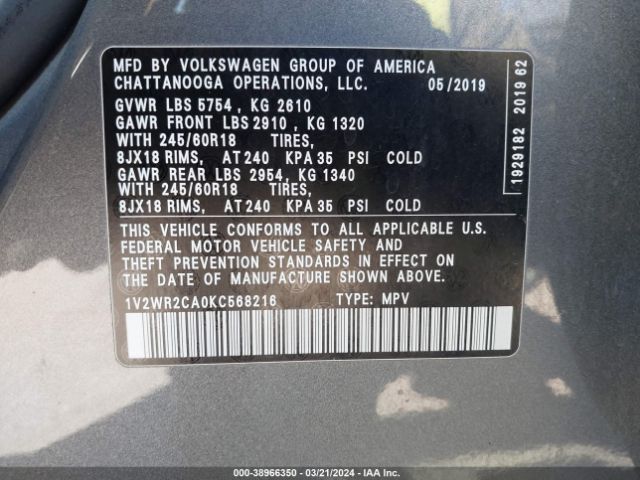 1V2WR2CA0KC568216 Volkswagen Atlas 3.6l V6 Se W/technology