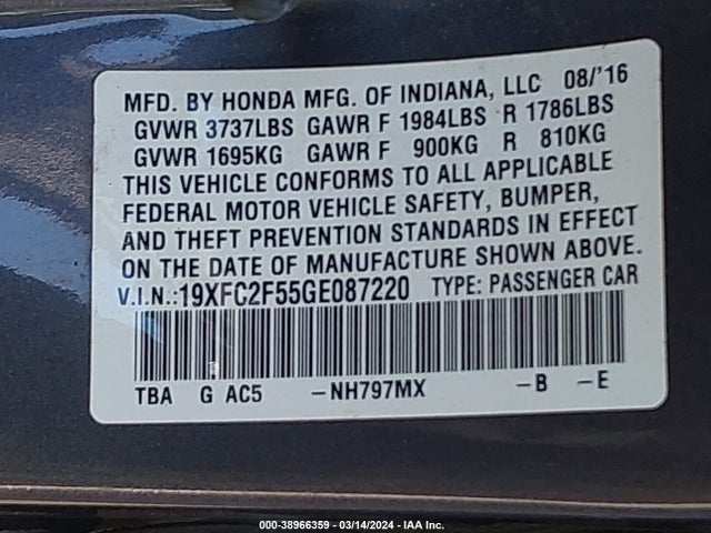 Honda Civic Lx 2016 19XFC2F55GE087220 Image 9