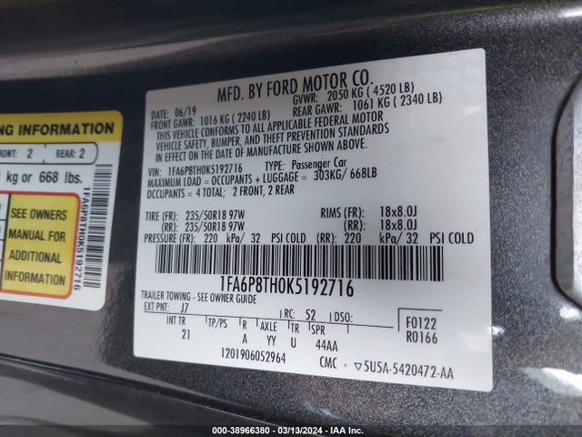 Ford Mustang Ecoboost 2019 1FA6P8TH0K5192716 Image 9
