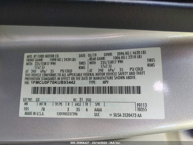 Ford ESCAPE S 2019 1FMCU0F70KUB93442 Image 9