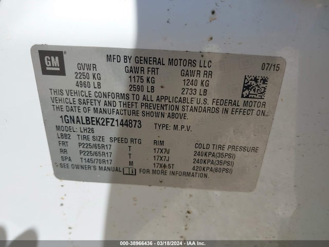 Chevrolet EQUINOX 1LT 2015 1GNALBEK2FZ144873 Image 9
