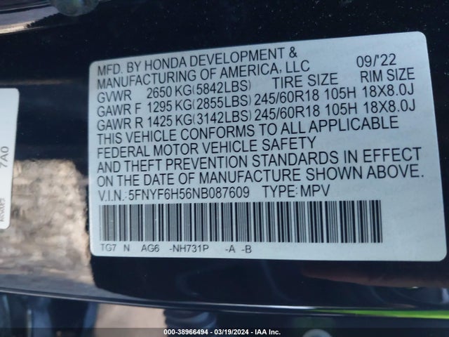 Honda Pilot Awd Ex-l 2022 5FNYF6H56NB087609 Image 9