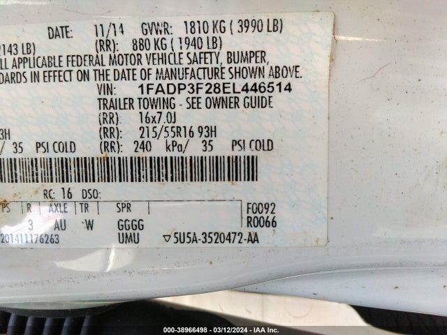 2014 FORD FOCUS SE VIN: 1FADP3F28EL446514