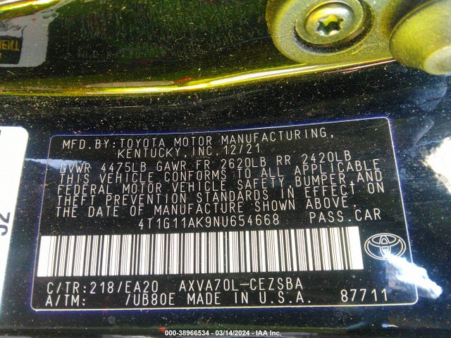 Toyota CAMRY SE 2022 4T1G11AK9NU654668 Image 9