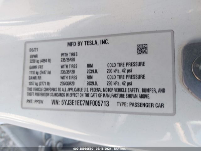 5YJ3E1EC7MF005713 Tesla Model 3 Performance Dual Motor All-wheel Drive