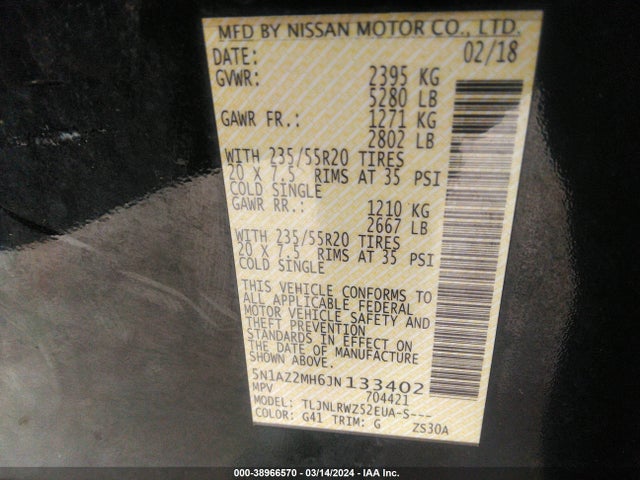 Nissan MURANO SL 2018 5N1AZ2MH6JN133402 Image 9