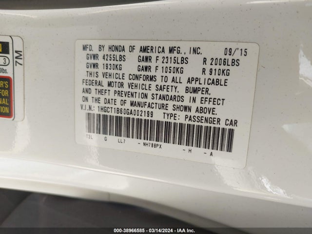 Honda Accord Ex-l 2016 1HGCT1B60GA002199 Image 9