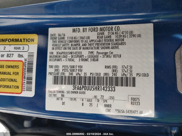 Ford Fusion Hybrid S 2017 3FA6P0UU5HR142333 Image 9