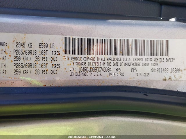 Dodge DURANGO LIMITED 2015 1C4RDJDG8FC743084 Image 9