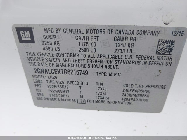 Chevrolet EQUINOX LT 2016 2GNALCEK7G6216749 Image 9