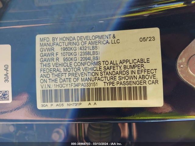 Honda ACCORD EX 2023 1HGCY1F34PA033151 Image 9