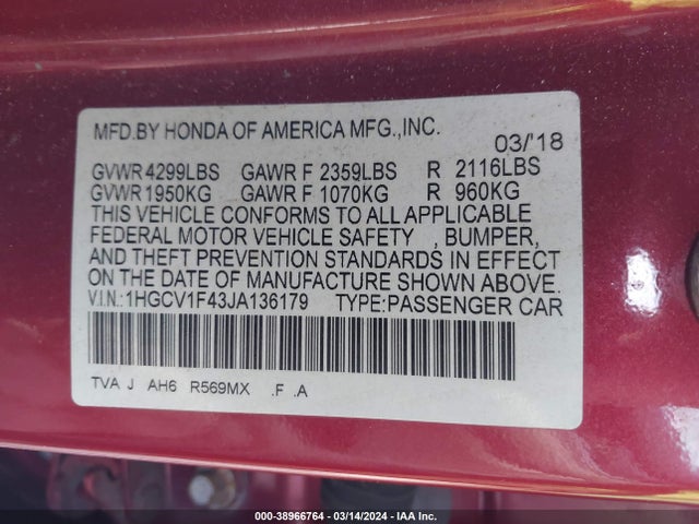 Honda ACCORD EX 2018 1HGCV1F43JA136179 Image 9