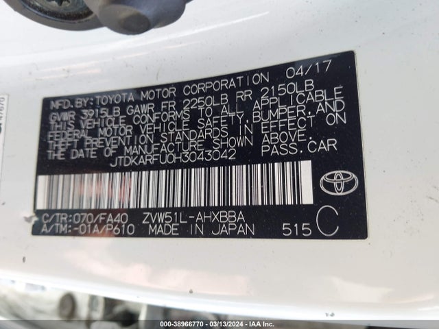 Toyota Prius Two Eco 2017 JTDKARFU0H3043042 Image 9