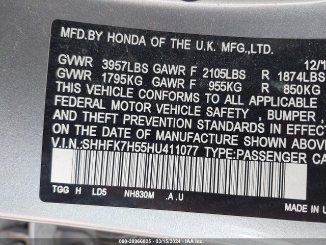 Honda CIVIC EX 2017 SHHFK7H55HU411077 Image 9
