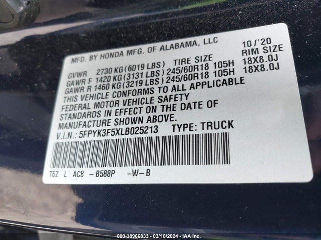 Honda Ridgeline Awd Rtl 2020 5FPYK3F5XLB025213 Image 9