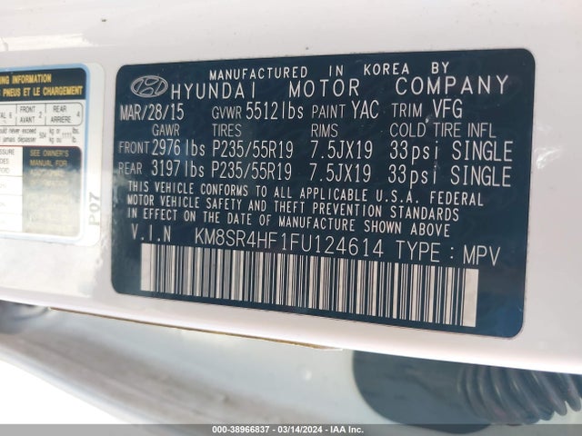 Hyundai Santa Fe Limited 2015 KM8SR4HF1FU124614 Image 9