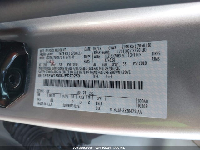Ford F-150 Raptor 2018 1FTFW1RG8JFD79259 Image 9