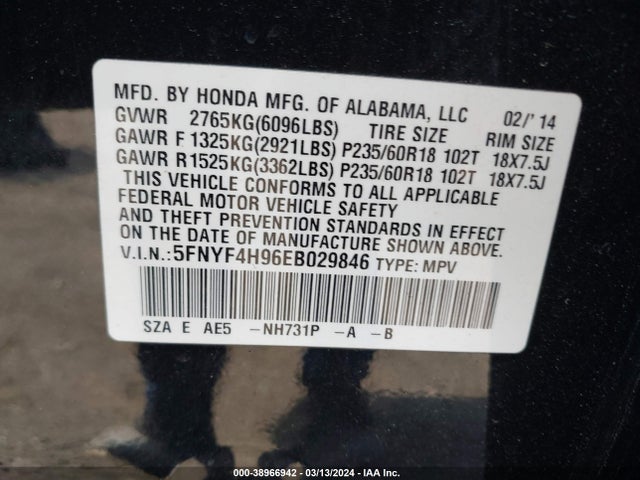 Honda Pilot Touring 2014 5FNYF4H96EB029846 Image 9