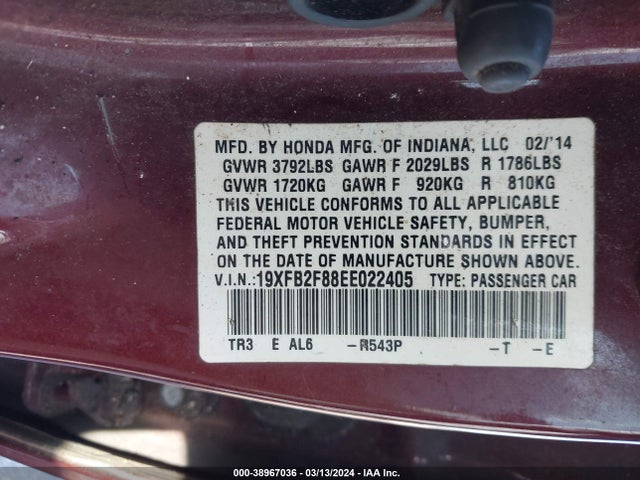 Honda CIVIC EX 2014 19XFB2F88EE022405 Image 9