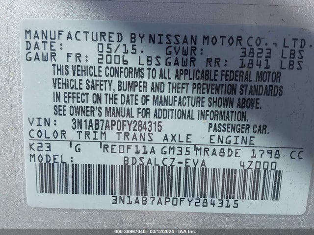 Nissan SENTRA S 2015 3N1AB7AP0FY284315 Image 9