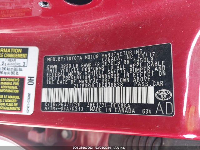 Toyota COROLLA SE 2017 2T1BURHE1HC836838 Image 9