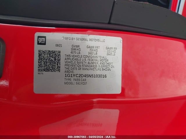 Chevrolet Corvette Stingray Rwd  3lt 2022 1G1YC2D45N5103016 Image 9