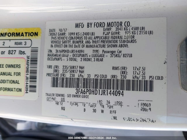 3FA6P0HD1JR144094 Ford FUSION SE