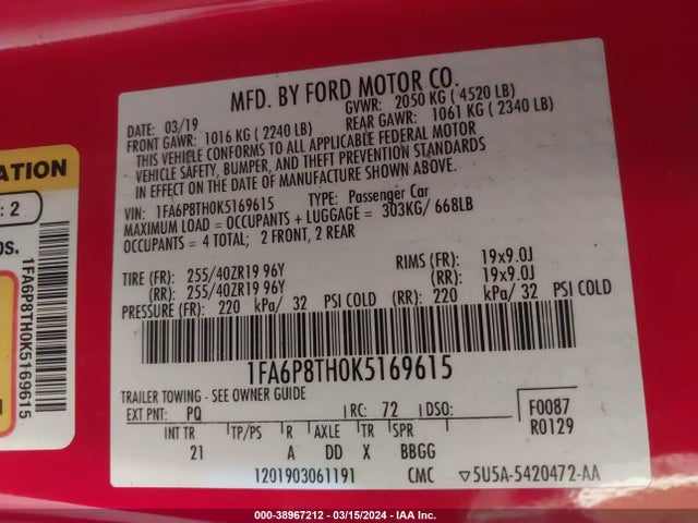 1FA6P8TH0K5169615 Ford Mustang Ecoboost
