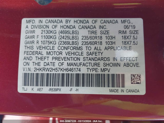 Honda CR-V EX 2019 2HKRW2H57KH646174 Image 9