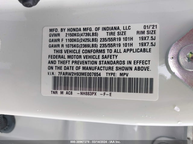 Honda Cr-v Awd Touring 2021 7FARW2H93ME007654 Image 9