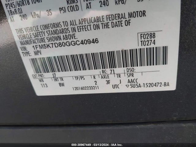 Ford EXPLORER XLT 2016 1FM5K7D80GGC40946 Image 9