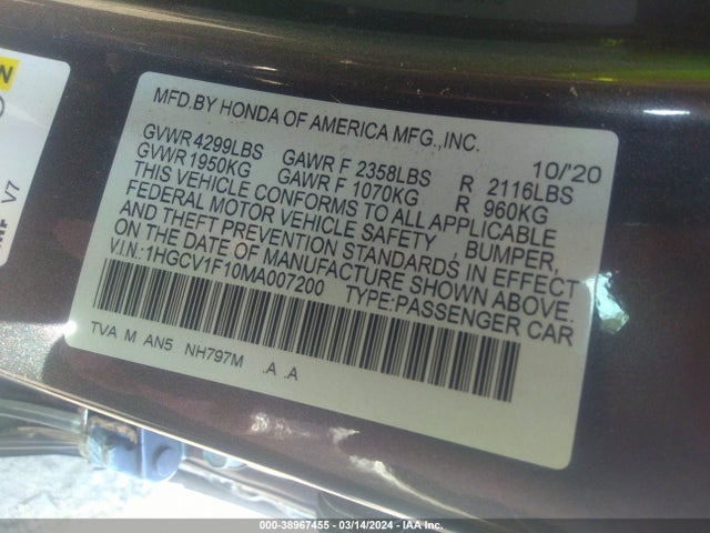 Honda ACCORD LX 2021 1HGCV1F10MA007200 Image 9