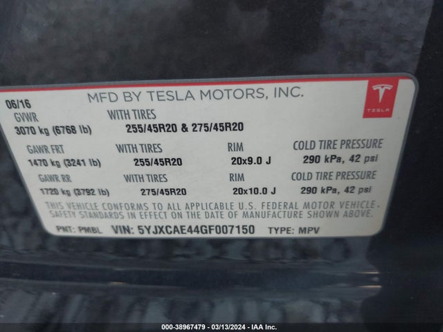 Tesla Model X 60d/p100d/p90d 2016 5YJXCAE44GF007150 Image 9