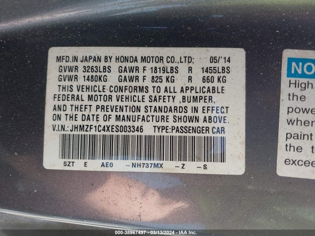 Honda CR-Z 2014 JHMZF1C4XES003346 Image 9