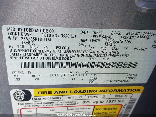 Ford Expedition Xlt Max 2022 1FMJK1JT6NEA58097 Image 9