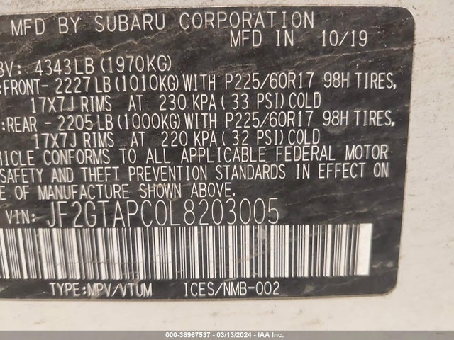 Subaru Crosstrek Premium 2020 JF2GTAPC0L8203005 Image 9