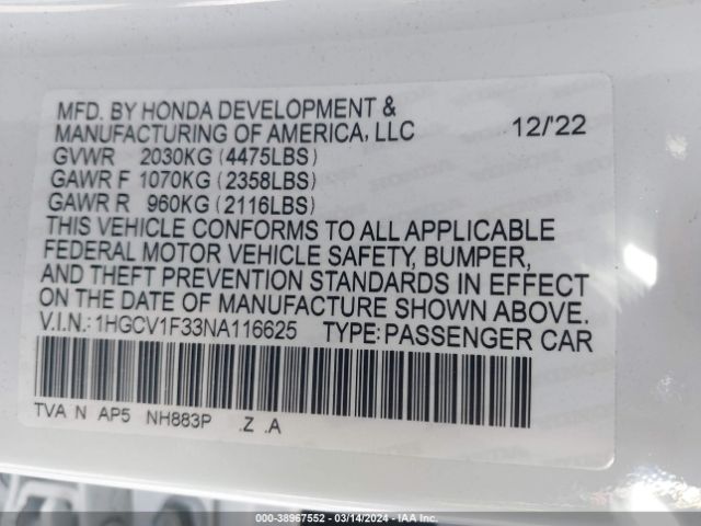 1HGCV1F33NA116625 Honda Accord Sport