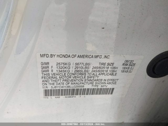 5J8YD4H38LL029568 Acura Mdx Standard