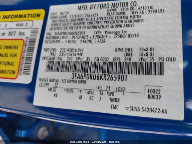 3FA6P0RU6KR265901 Ford Fusion Hybrid Titanium