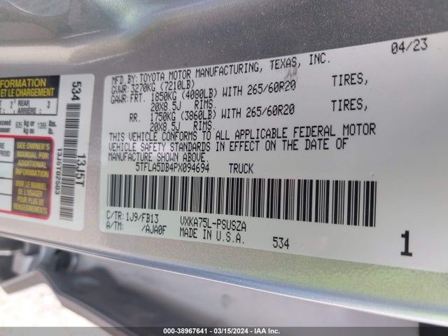 Toyota Tundra Sr5 2023 5TFLA5DB4PX094694 Image 9