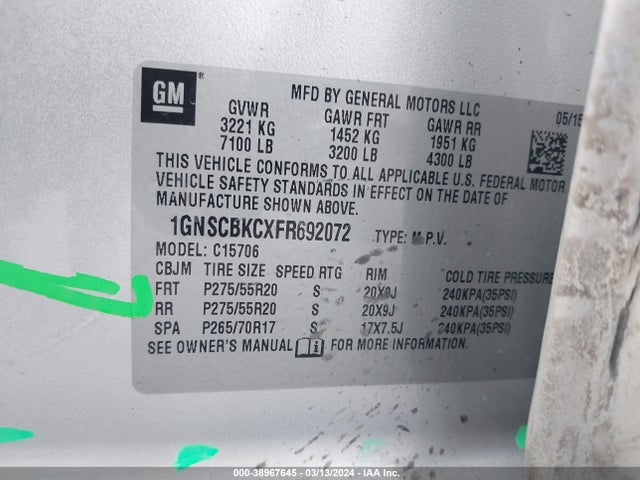 Chevrolet Tahoe Lt 2015 1GNSCBKCXFR692072 Image 9